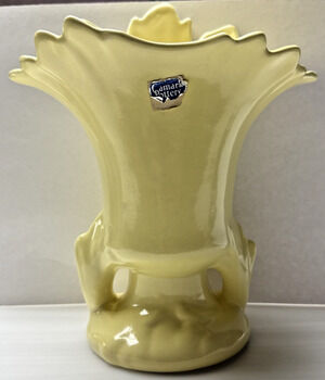 Vintage Camark Art Pottery Vase Planter Handles Leaf Shaped Yellow #807 As-Is